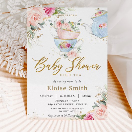 Invitation Elégant Blush Floral High Tea Party Baby shower
