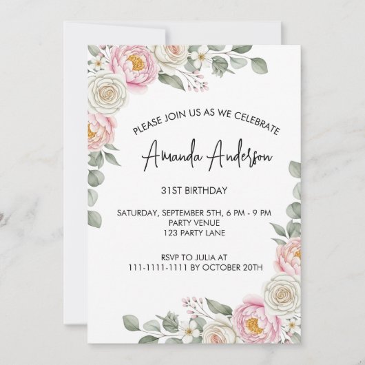 Invitation Elegant Blush Floral Watercolor Birthday  (Devant)