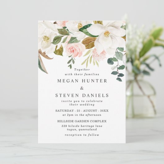 Invitation Élégant Blush & Florales Blanches Mariage moderne (Debout devant)