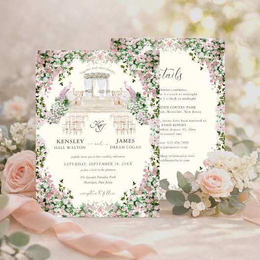 Invitation Elegant Blush Garden Wedding with Monogram 