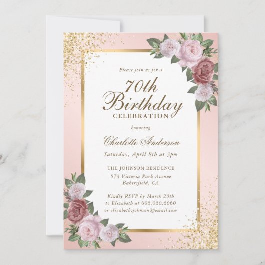 Invitation Elégant Blush Gold Confetti Floral 70e anniversair (Devant)