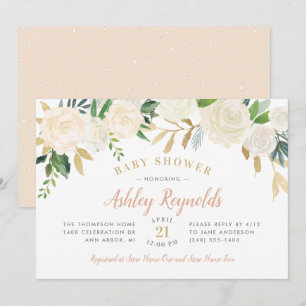 Invitation Elégant Blush Gold et Green Floral Baby shower