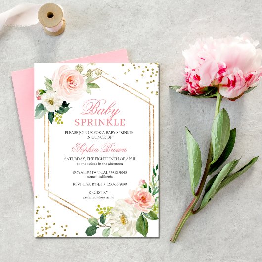 Invitation Élégant Blush Gold Floral Baby Sprinkle Brunch