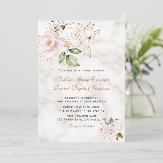 Invitation Elégant Blush Gold Flowers Monogram Mariage (Debout devant)