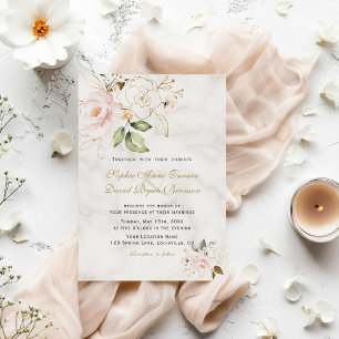 Invitation Elégant Blush Gold Flowers Monogram Mariage