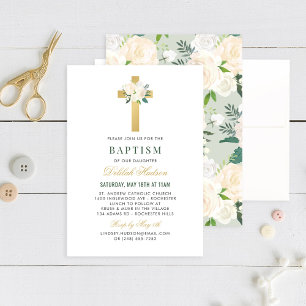 Invitation Élégant Blush Green Gold Floral Cross Girl Baptism