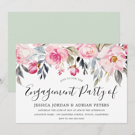 Invitation Elégant Blush & Green Party Floral (Devant / Derrière)