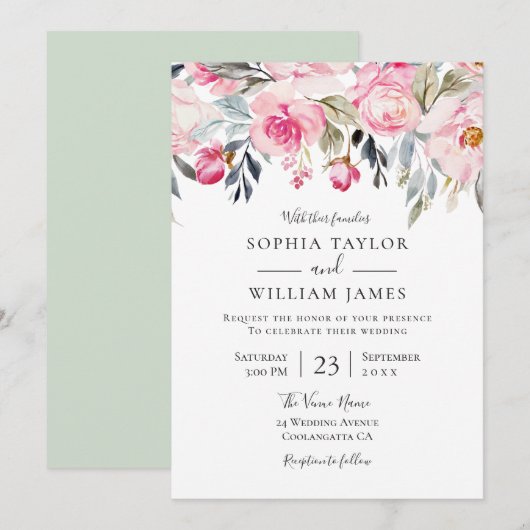 Invitation Elégant Blush & Greenery Floral Watercolor Mariage (Devant / Derrière)