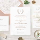 Invitation Élégant Blush Laurel Wreath Mariage Monogramme