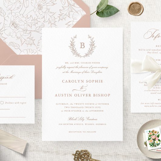 Invitation Élégant Blush Laurel Wreath Mariage Monogramme