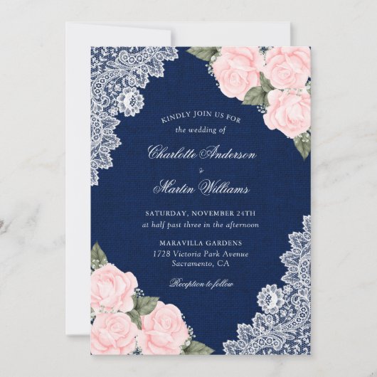 Invitation Elégant Blush Navy Blue Burlap Lace Floral Mariage (Devant)
