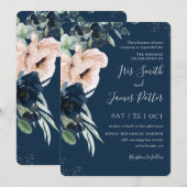 Invitation Elégant Blush Navy Blue Floral Silver Mariage (Devant / Derrière)