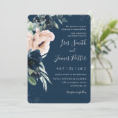 Invitation Elégant Blush Navy Blue Floral Silver Mariage (Debout devant)