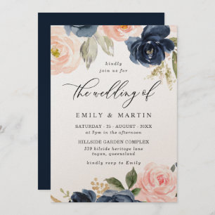 Invitation Elégant Blush & Navy Floral Shimmer Mariage