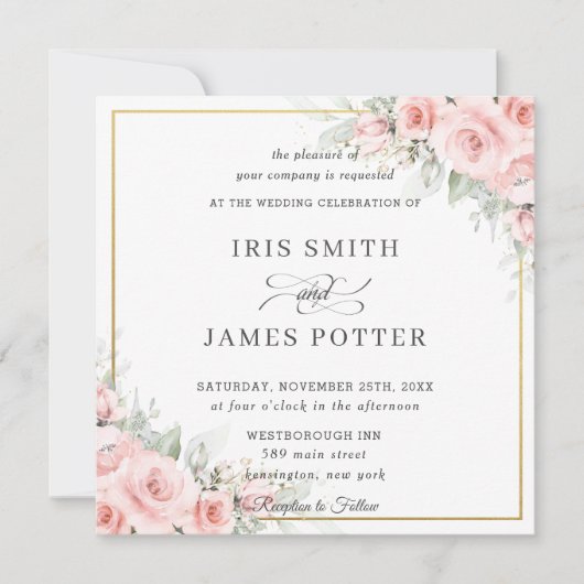 Invitation Élégant Blush Pale Rose Floral Mariage or Carré (Devant)