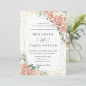 Invitation Élégant Blush Peach Ivory Floral Rose Mariage (Debout devant)