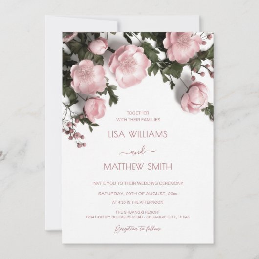 Invitation Elegant Blush Pink 3D Roses Wedding (Devant)