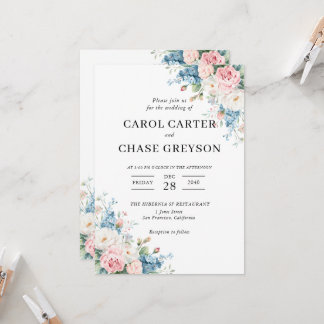 Invitation Elegant Blush Pink & Blue Floral Wedding