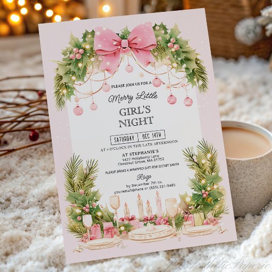 Invitation Elegant Blush Pink Bow Christmas Girls Night