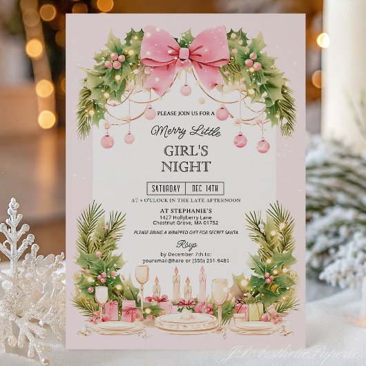 Invitation Elegant Blush Pink Bow Christmas Girls Night