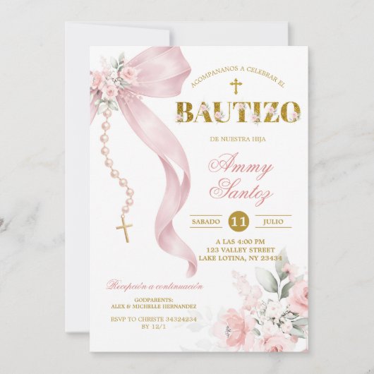 Invitation Elegant Blush Pink Bow Coquette Rosary Baptis (Devant)