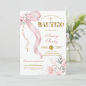 Invitation Elegant Blush Pink Bow Coquette Rosary Baptis (Debout devant)