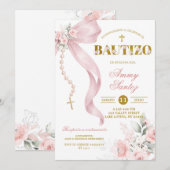 Invitation Elegant Blush Pink Bow Coquette Rosary Baptis (Devant / Derrière)