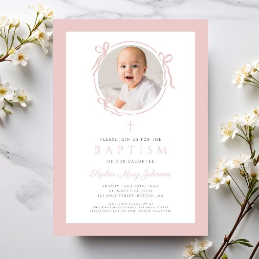 Invitation Elegant Blush Pink Bow Photo Baptism