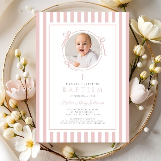 Invitation Elegant Blush Pink Bow Photo Girl Baptism