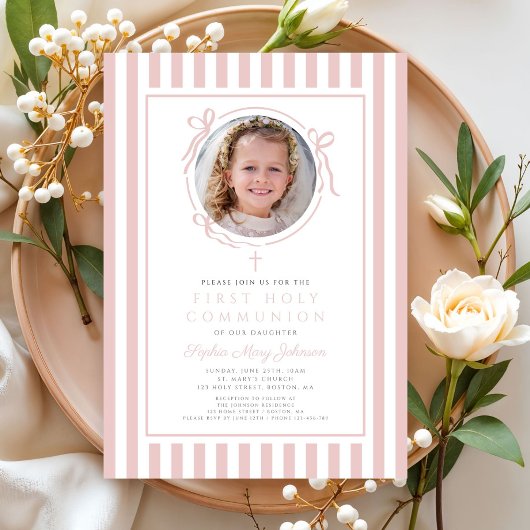 Invitation Elegant Blush Pink Bow Photo Girl First Communion