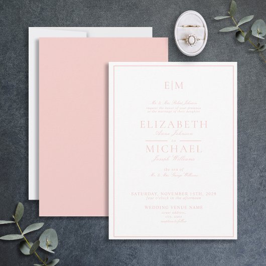 Invitation Élégant Blush Pink Classic Script Monogram Mariage