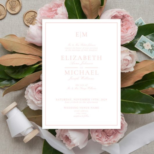 Invitation Élégant Blush Pink Classic Script Monogram Mariage