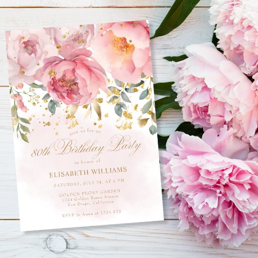 Invitation Elégant Blush Pink Floral 80e anniversaire