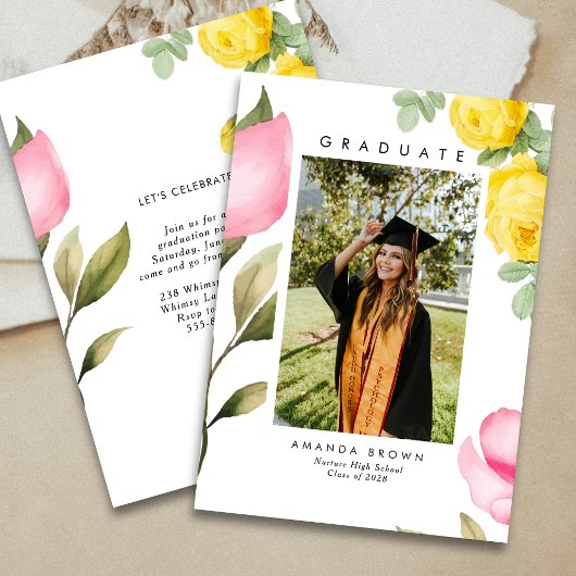 Invitation Élégant Blush Pink Floral Graduation Class 2025