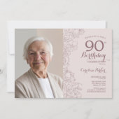 Invitation Elégant Blush Pink Floral Photo 90e anniversaire (Devant)