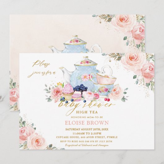 Invitation Elégant Blush Pink Floral Tea Party Baby shower da (Devant / Derrière)