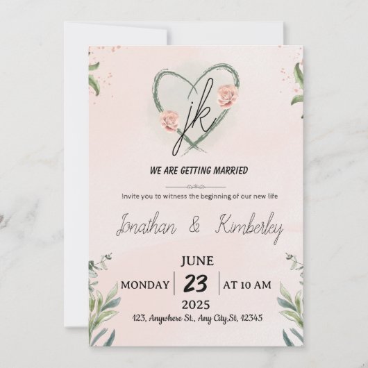 Invitation Elegant Blush Pink Floral Wedding Invite (Devant)