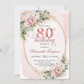 Invitation Elegant Blush Pink Flowers Gold Glitter 80th Bday (Devant)