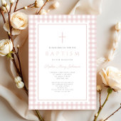Invitation Elegant Blush Pink Gingham Girl Baptism