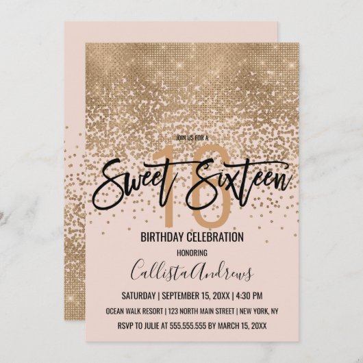 Invitation Elégant Blush Pink Gold Parties scintillant Confet (Devant / Derrière)
