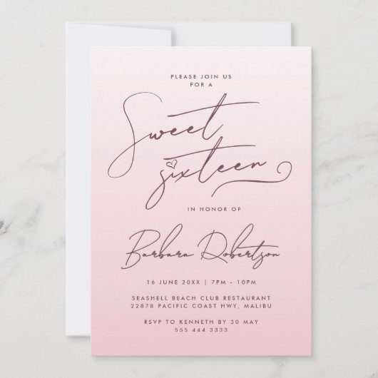 Invitation Elegant Blush Pink Gradient Script Sweet Sixteen (Devant)