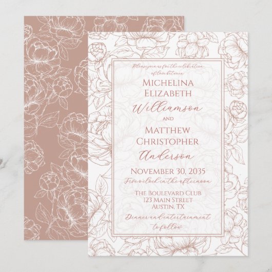 Invitation Elegant Blush Pink Hand-Drawn Floral Wedding Invi (Devant / Derrière)