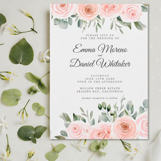 Invitation Elegant Blush Pink Rose and Sage Green Wedding