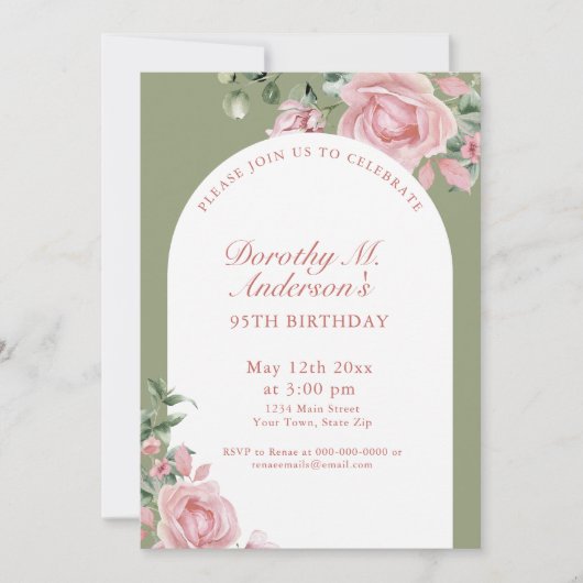 Invitation Elegant Blush Pink Roses 95th Birthday Party (Devant)