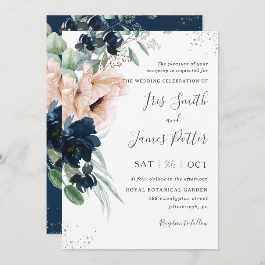 Invitation Élégant Blush Poppies Marine Floral Silver Mariage (Devant / Derrière)