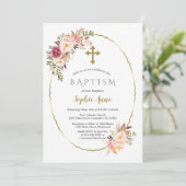 Invitation Élégant Blush Red Flowers Gold Girl Baptism (Debout devant)