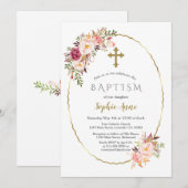 Invitation Élégant Blush Red Flowers Gold Girl Baptism (Devant / Derrière)