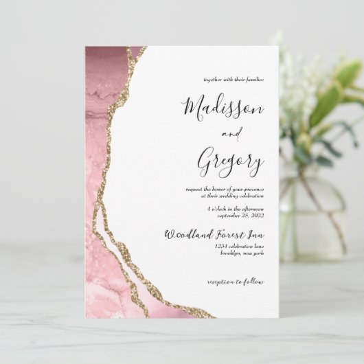 Invitation Élégant Blush Rose Agate Geode Gold Mariage (Debout devant)