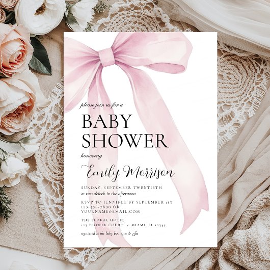 Invitation Elégant Blush rose Aquarelle Bow Girl Baby shower