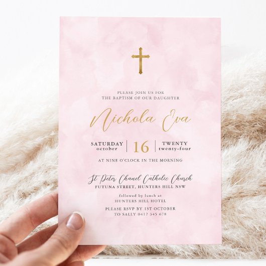 Invitation Élégant Blush Rose Croix d'or filles Baptême